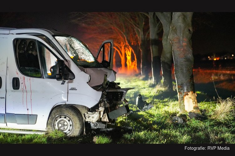 Bestelbus zwaar beschadigd na botsing tegen boom, bestuurder gevlogen